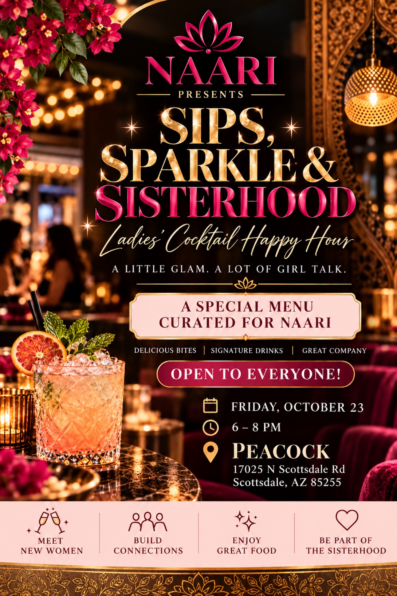 Official flyer for Sips, Sparkle & Sisterhood — Ladies' Cocktail Happy Hour